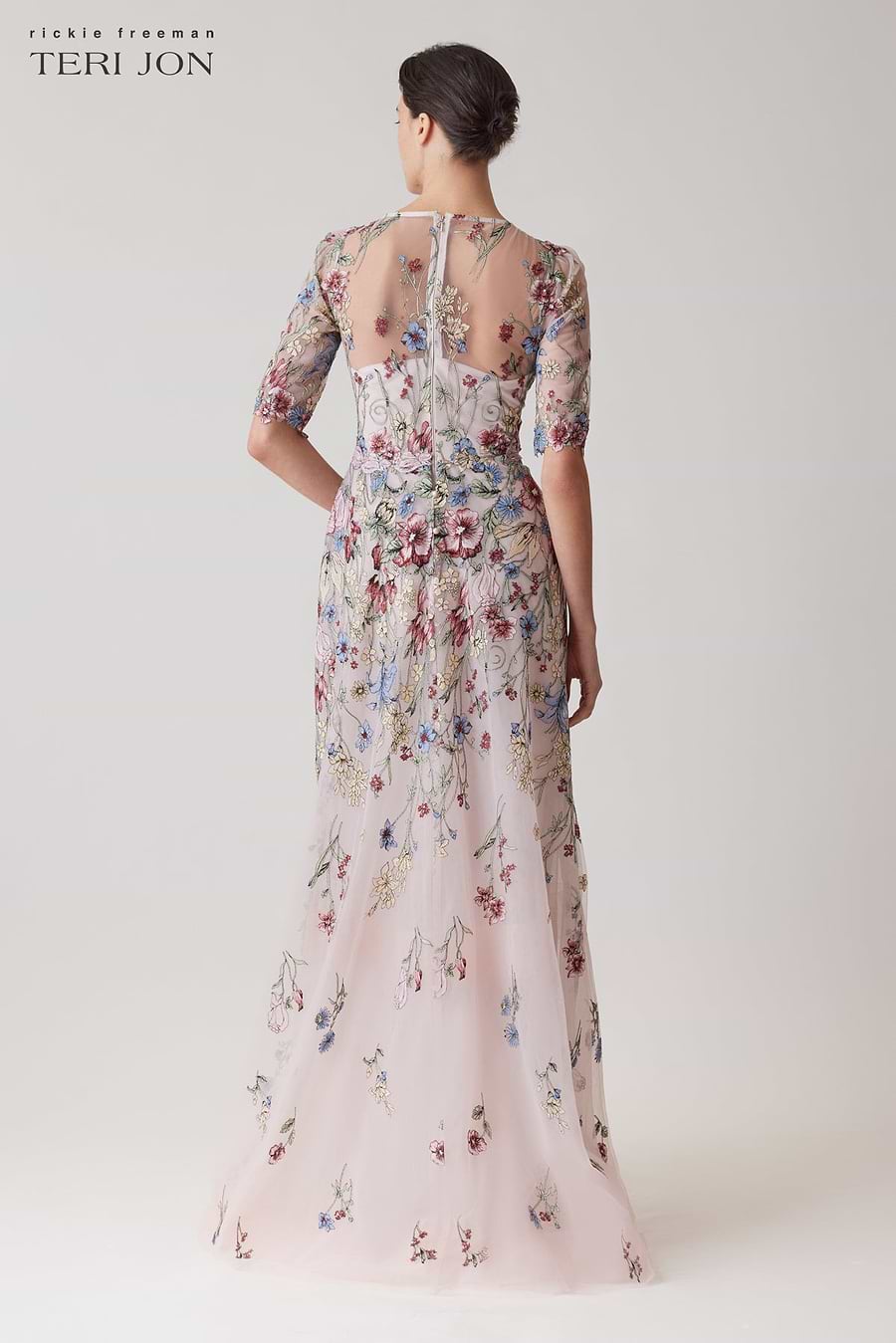 Floral Embroidered Tulle Elbow Gown Terijon.com Floral Embroidered Tulle Elbow Gown Terijon.com