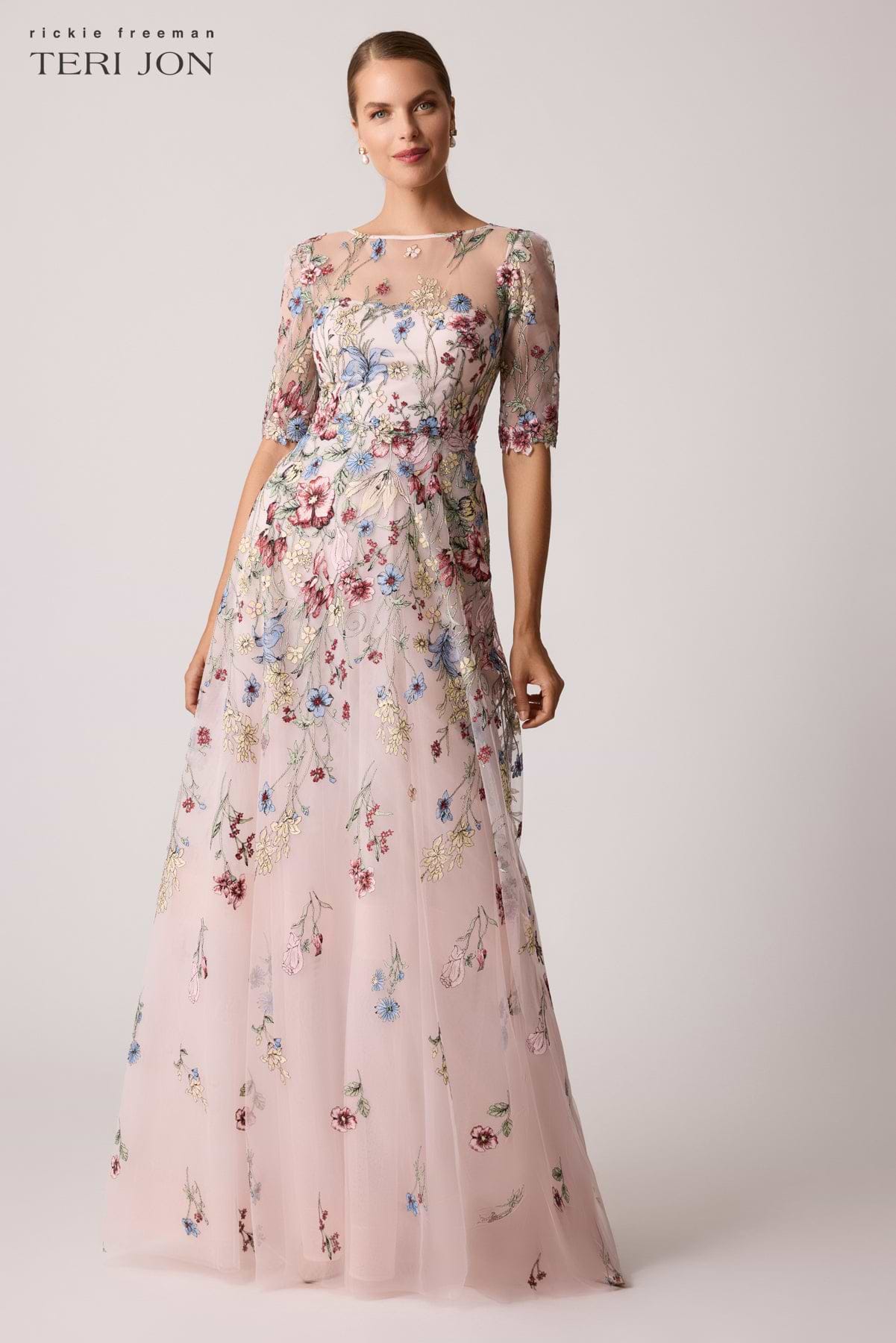Floral Embroidered Tulle Elbow Gown Floral Embroidered Tulle Elbow Gown