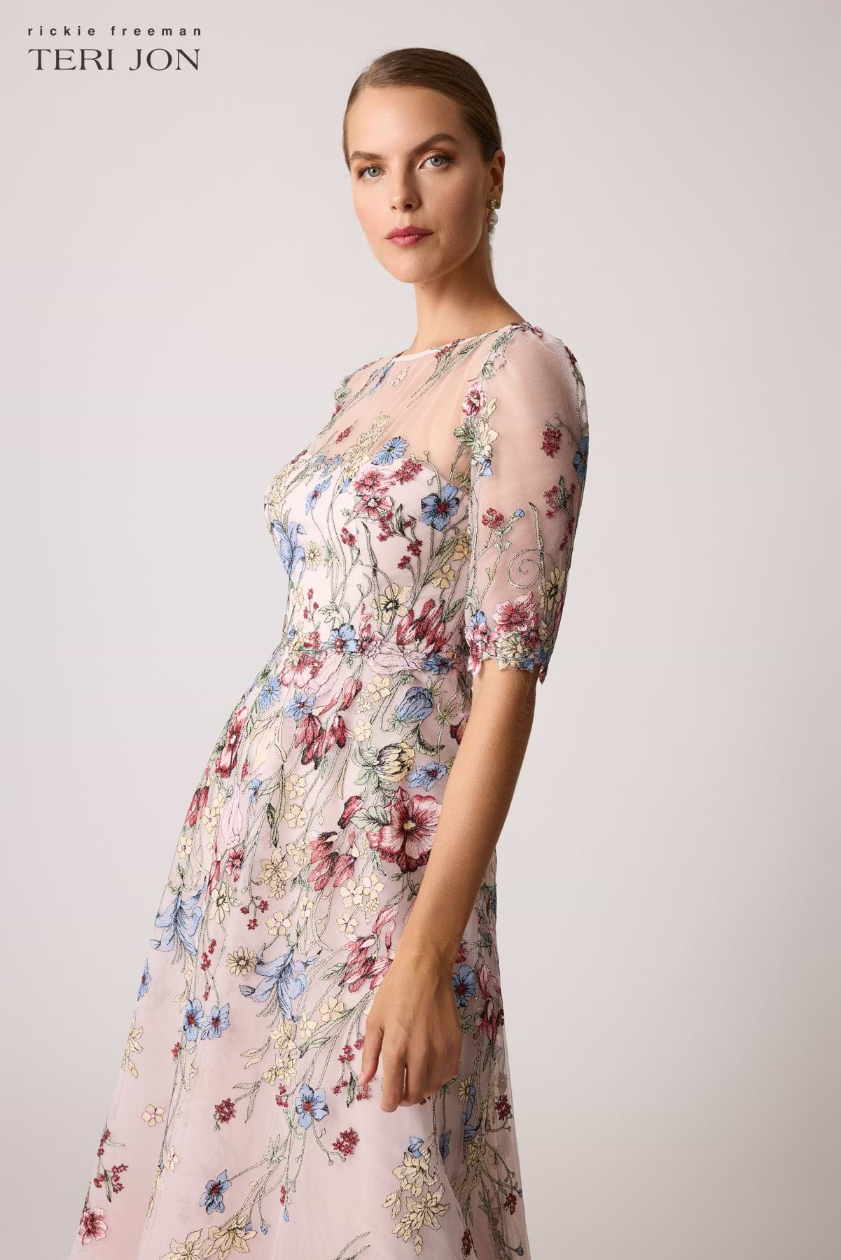 teri jon by rickie freeman floral embroidered tulle midi dress Strapless Fitted Side Slit Open Back Jersey Feather Gown JA2431 by Jessica  Angel main image 1