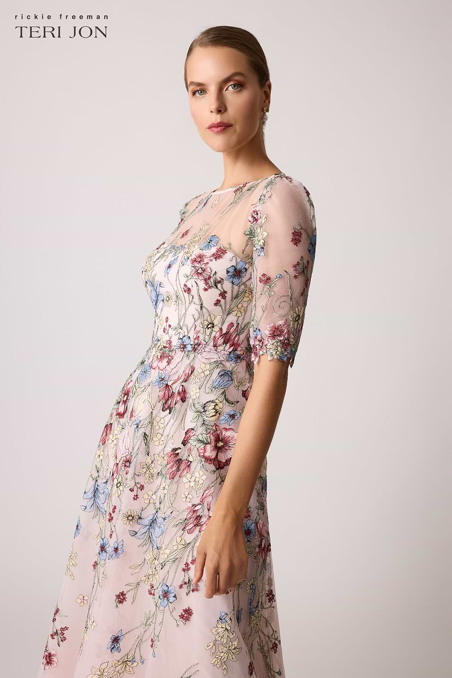 Floral Embroidered Tulle Elbow Gown Terijon.com Floral Embroidered Tulle Elbow Gown Terijon.com