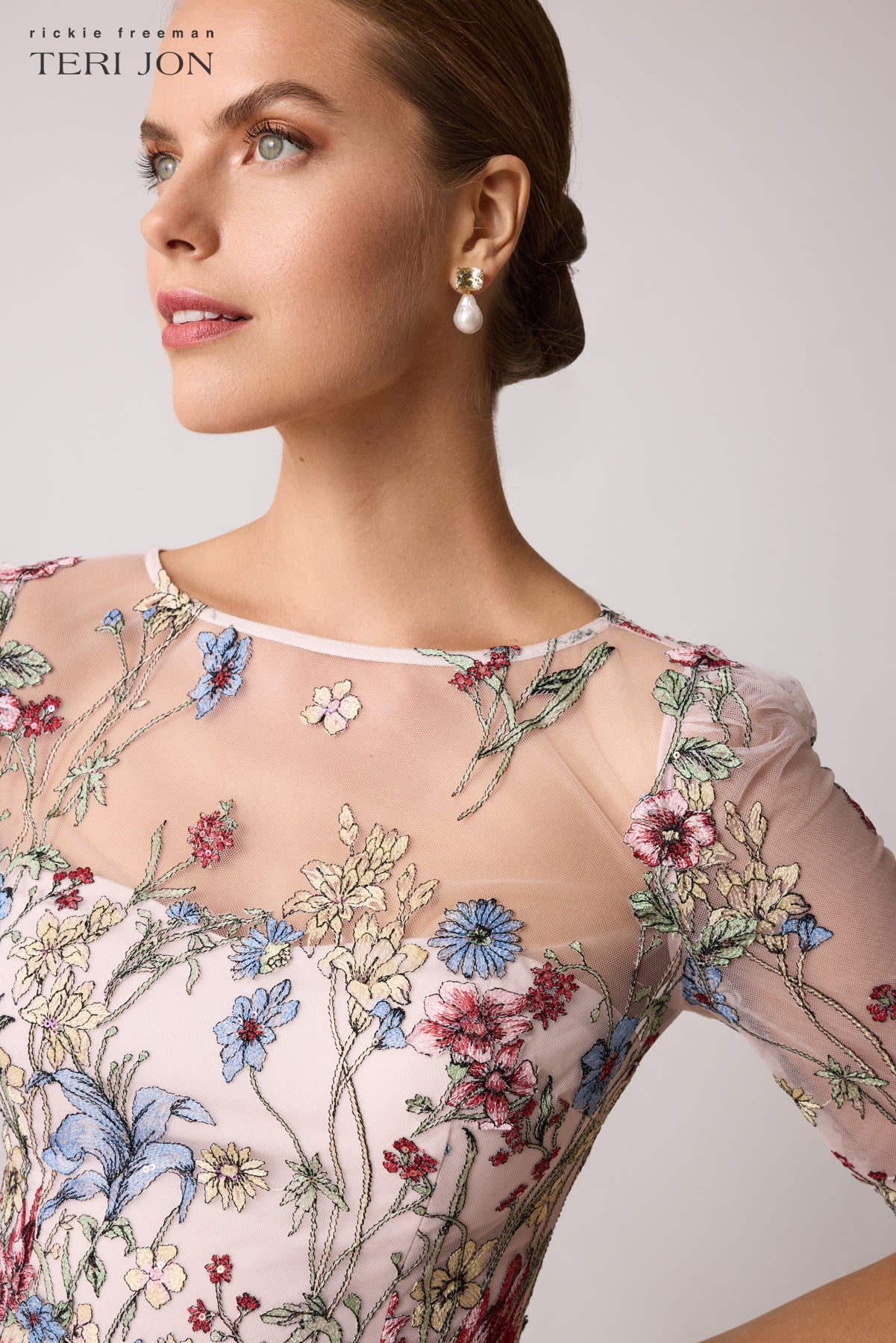 teri jon by rickie freeman floral embroidered off-the-shoulder dress Teri Jon Floral Jacquard Off the Shoulder Gown 217048