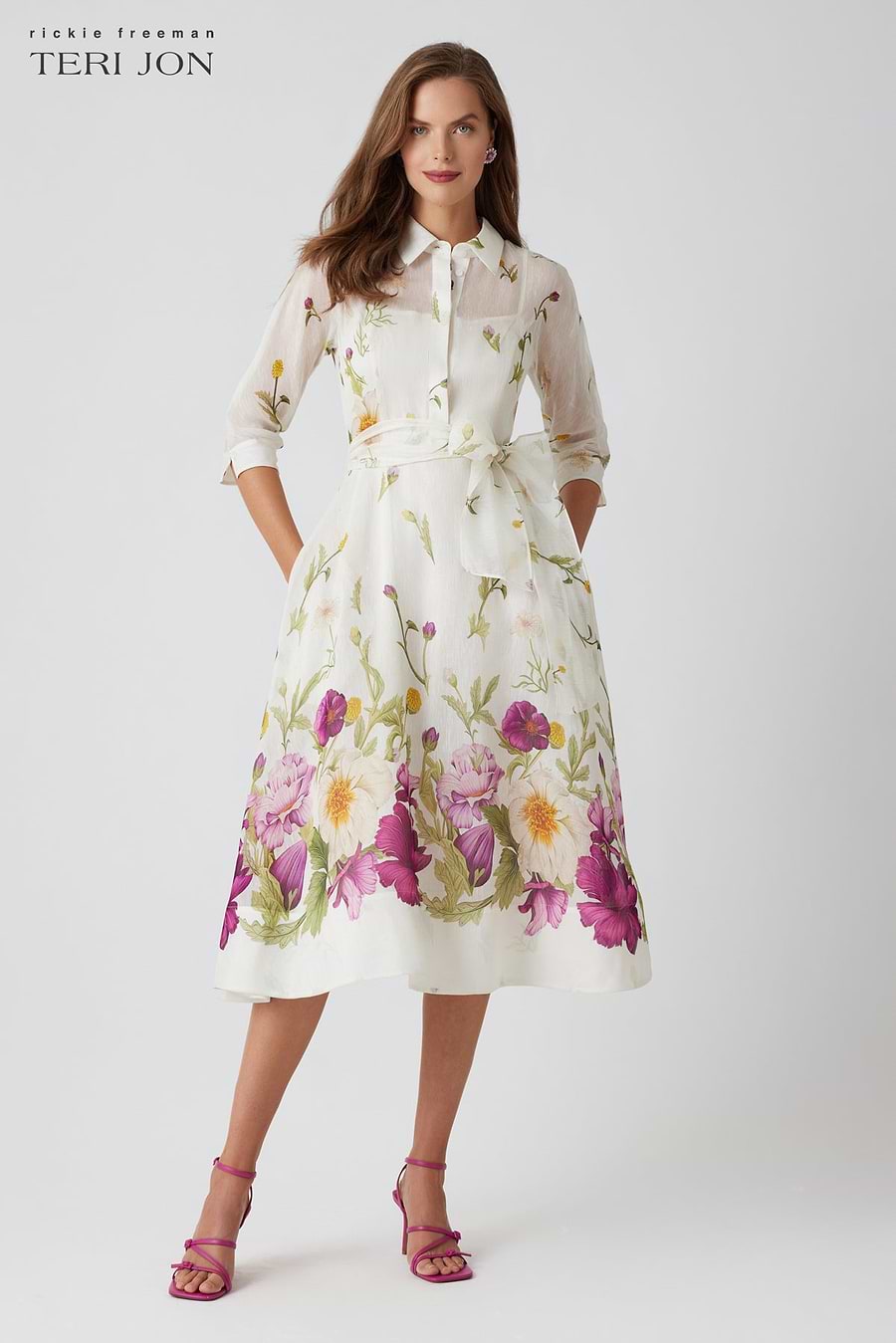 Rickie Freeman For Teri Jon Silk And Linen Floral Dress - Ivory Multi Rickie Freeman For Teri Jon Silk And Linen Floral Dress - Ivory Multi