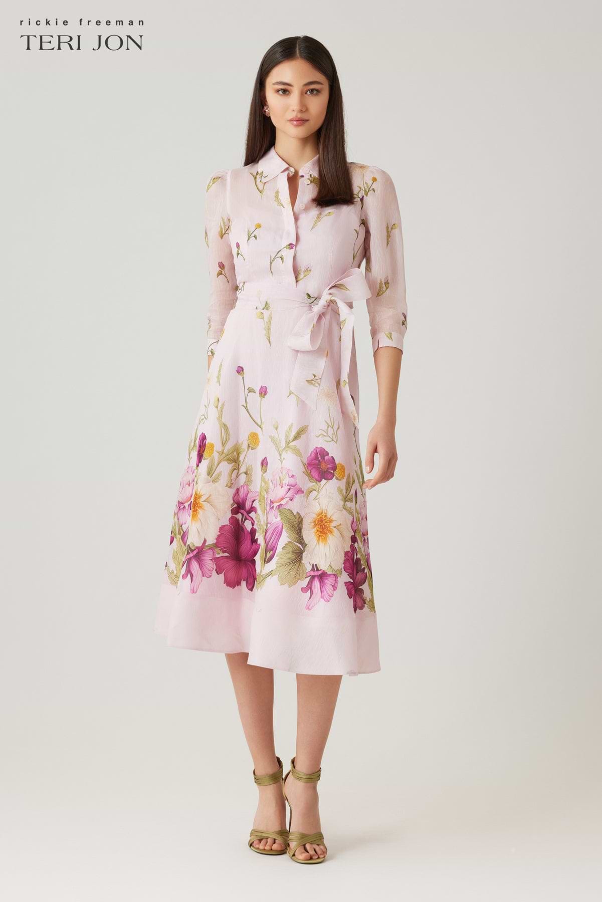 Teri Jon Silk-Linen Floral Border Print Shirtwaist Dress Size 18