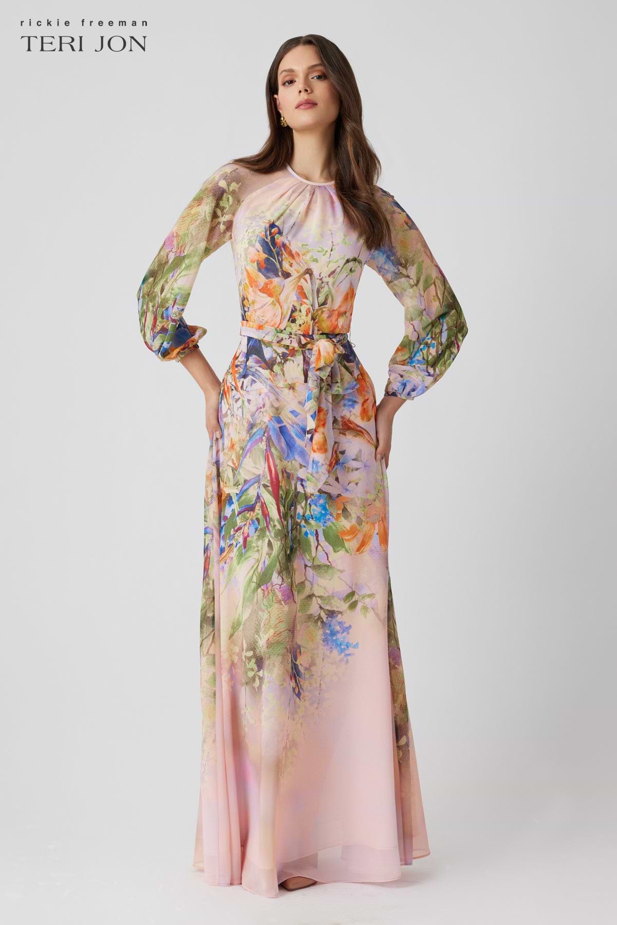 Floral Chiffon Maxi Gown with Long Sleeves Floral Chiffon Maxi Gown with Long Sleeves
