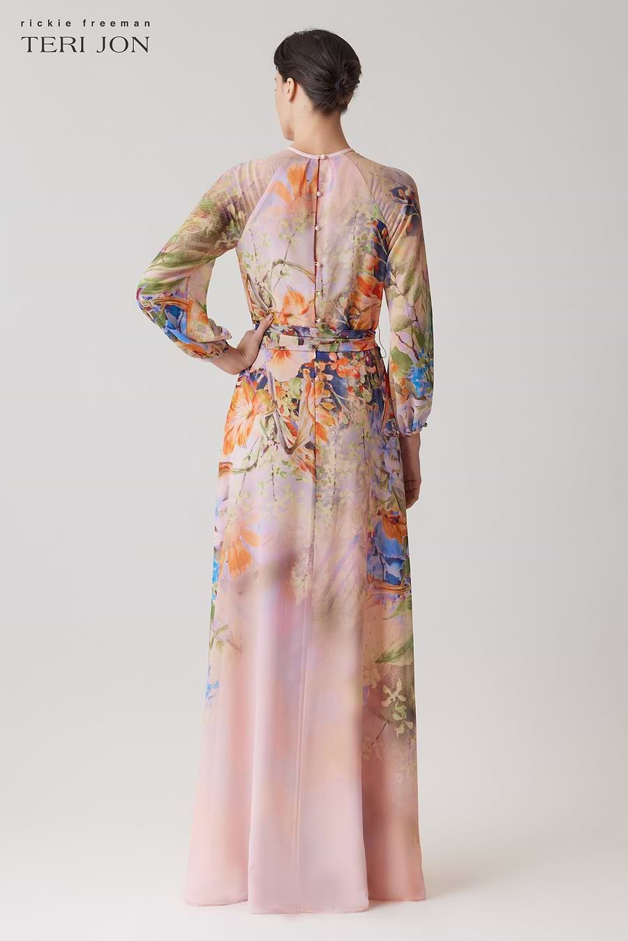 Floral Chiffon Maxi Gown with Long Sleeves – Terijon.com