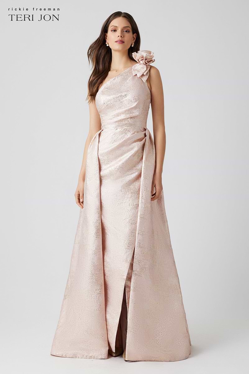 Metallic Jacquard One Shoulder 3D Flower Overlay Gown