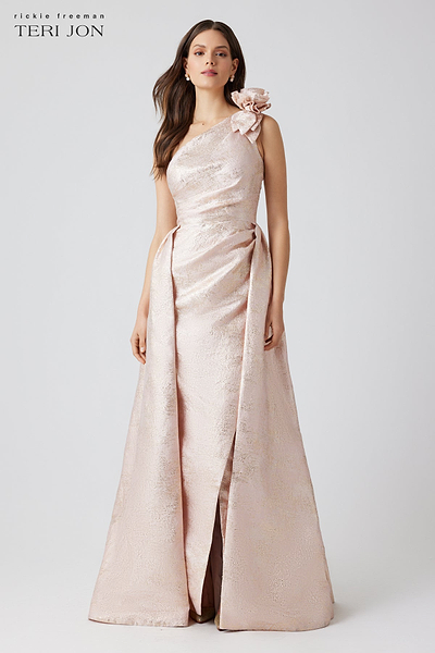 Metallic Jacquard One Shoulder 3D Flower Overlay Gown