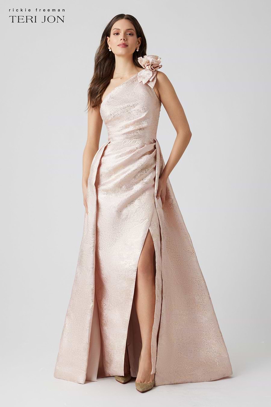 teri jon metallic dress Metallic Jacquard Off Shoulder Puff Sleeve Gown  Terijon.com