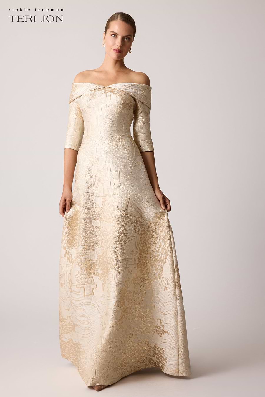 Metallic Jacquard Off Shoulder Evening Gown with Sleeves Terijon.com Metallic Jacquard Off Shoulder Evening Gown with Sleeves Terijon.com