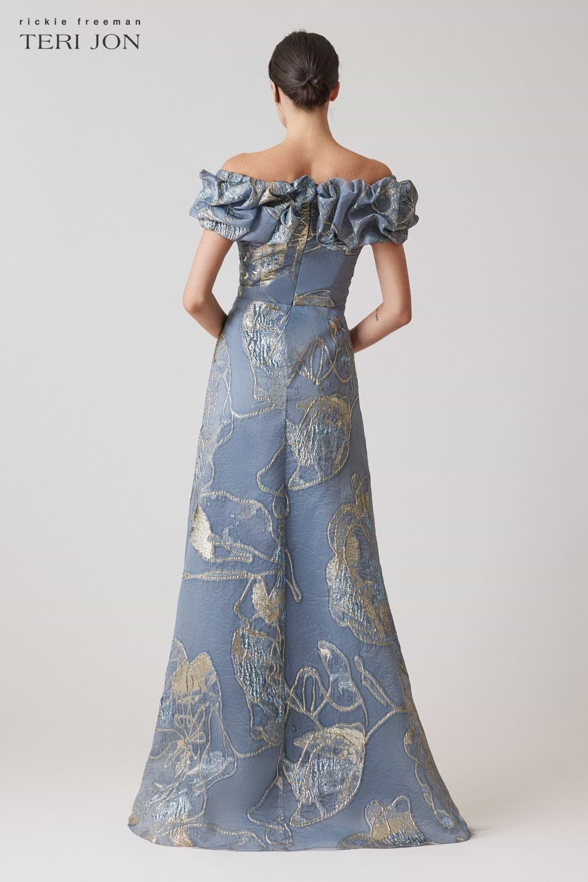 Teri Jon Jacquard Scrunch Neckline Off Shoulder Gown Size 18