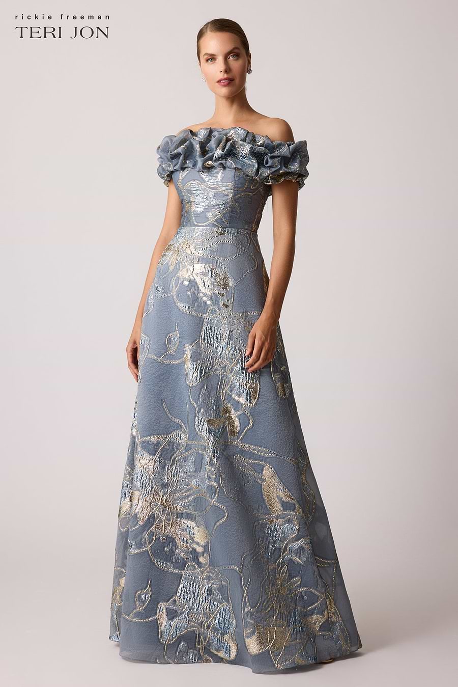Teri Jon Jacquard Scrunch Neckline Off Shoulder Gown Size 18 Teri Jon Jacquard Scrunch Neckline Off Shoulder Gown Size 18