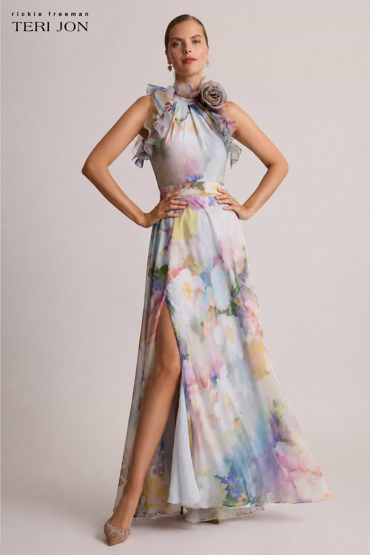 Teri Jon Chiffon Watercolor Organza Halter Gown Size 2