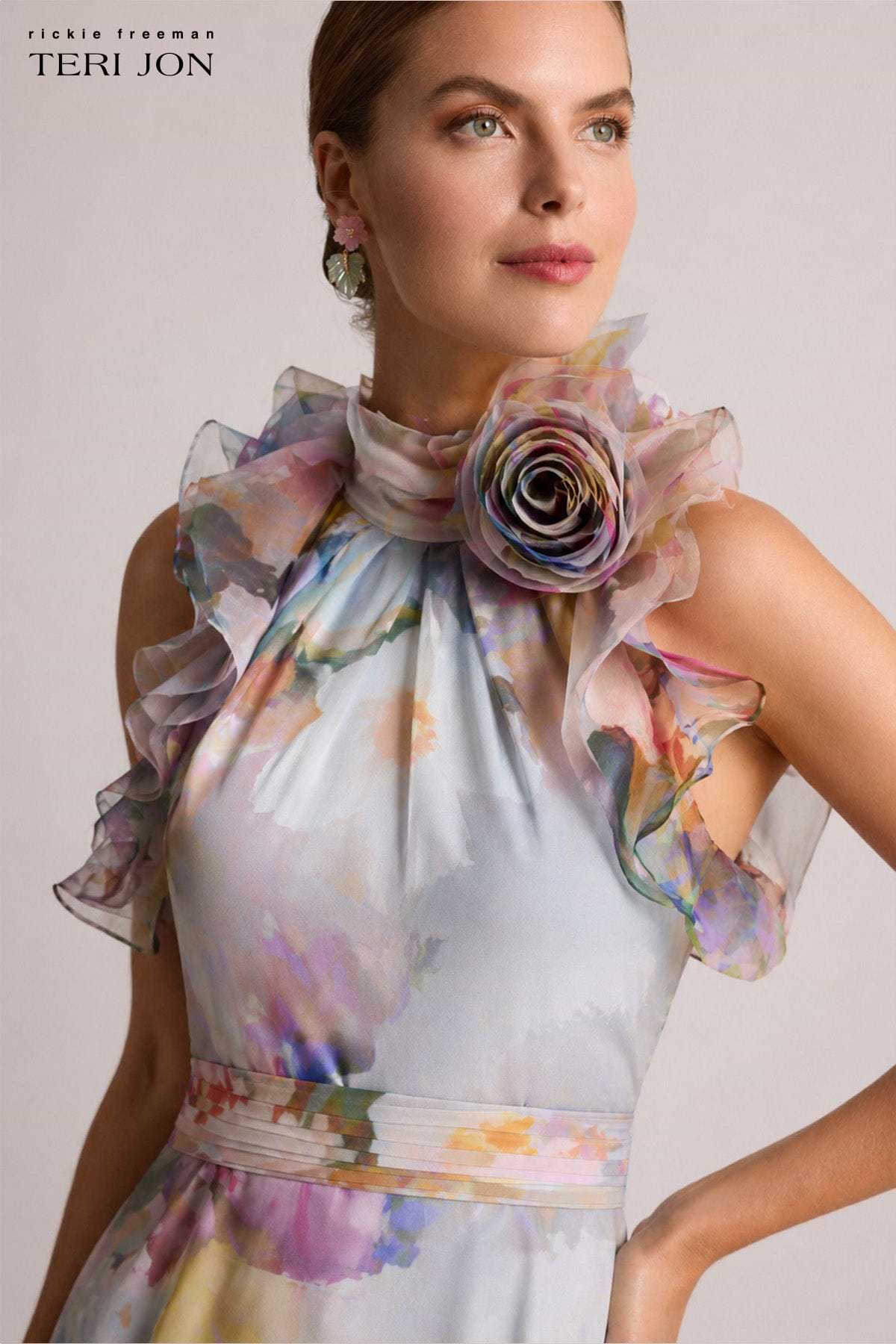 sachin and babi light blue dress Rickie Freeman for Teri Jon Taffeta Rosette Empire-Waist Chiffon Gown