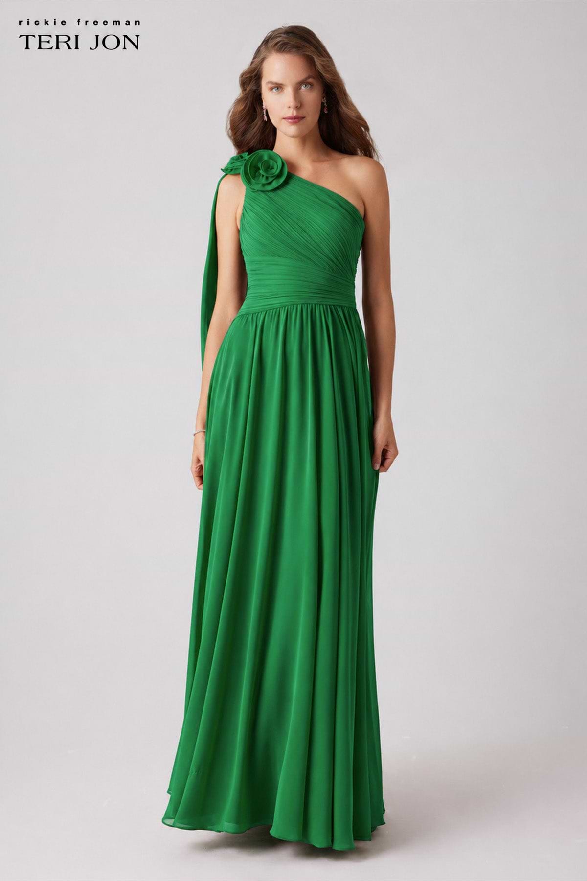 Pleated Chiffon Gown with Floral Shoulder – Terijon.com