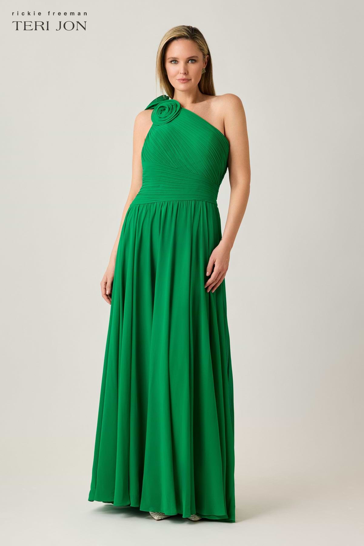 Pleated Chiffon Gown with Floral Shoulder  Terijon.com
