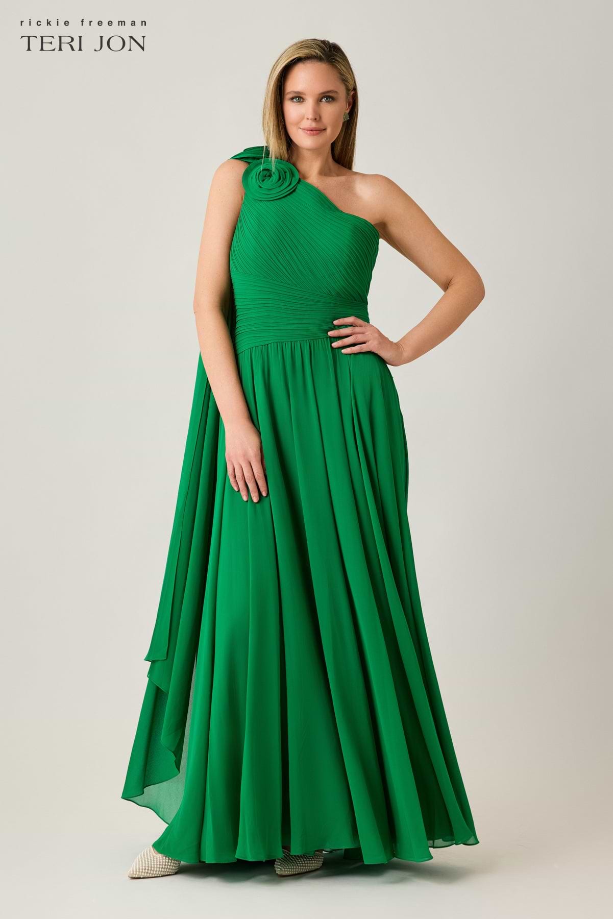 Pleated Chiffon Gown with Floral Shoulder Terijon.com Pleated Chiffon Gown with Floral Shoulder Terijon.com