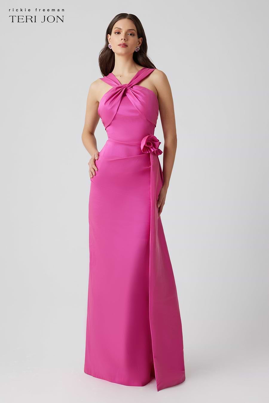stretch taffeta evening dresses Prom Halter Pleated Ruffled Long Formal Stretch Taffeta Gown 251P4058 by Terani Couture Coral Pink / 8