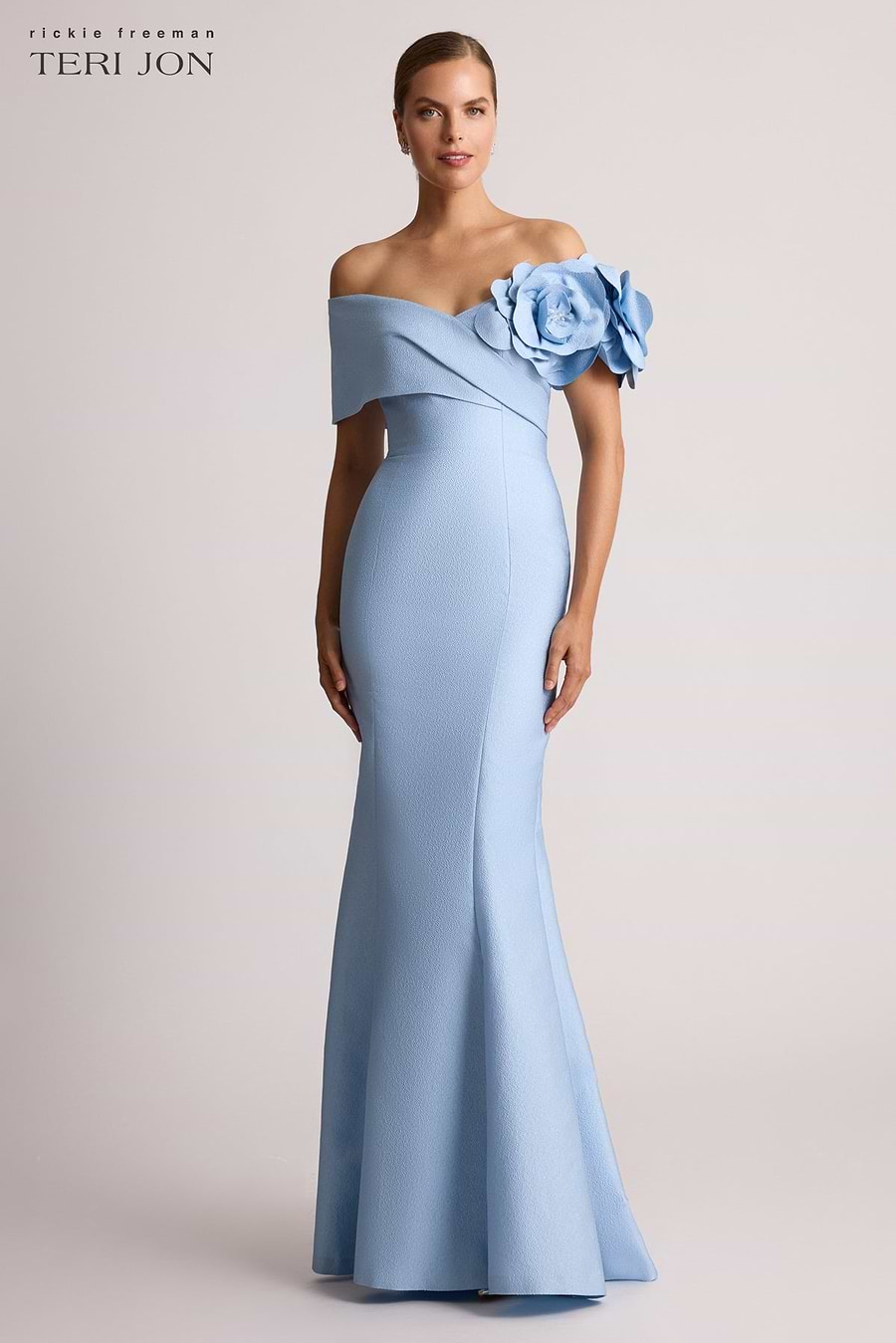 bailey jay blue dress Pebble Jacquard 3D Flower Off The Shoulder Gown – Terijon.com