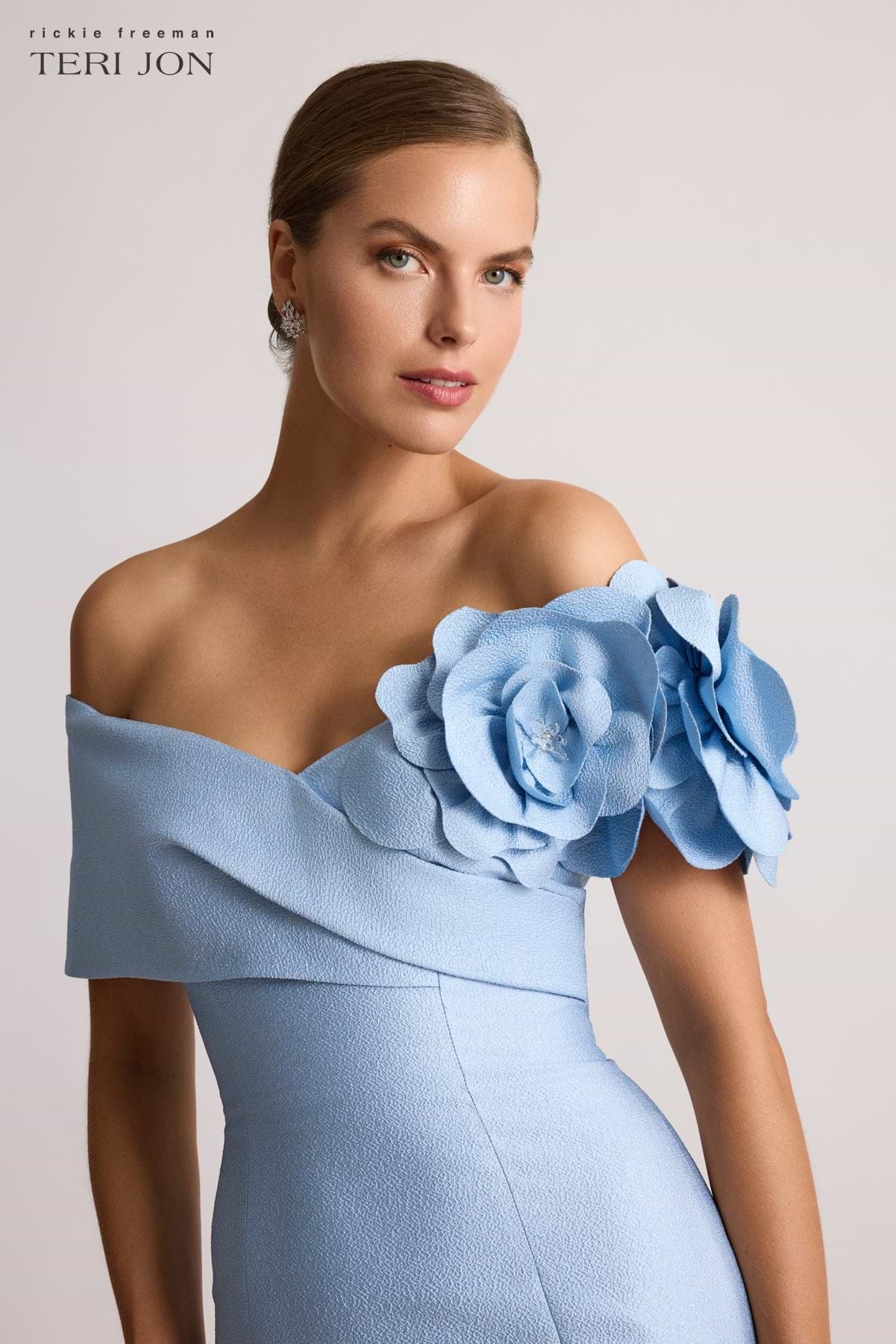 Pebble Jacquard 3D Flower Off The Shoulder Gown – Terijon.com