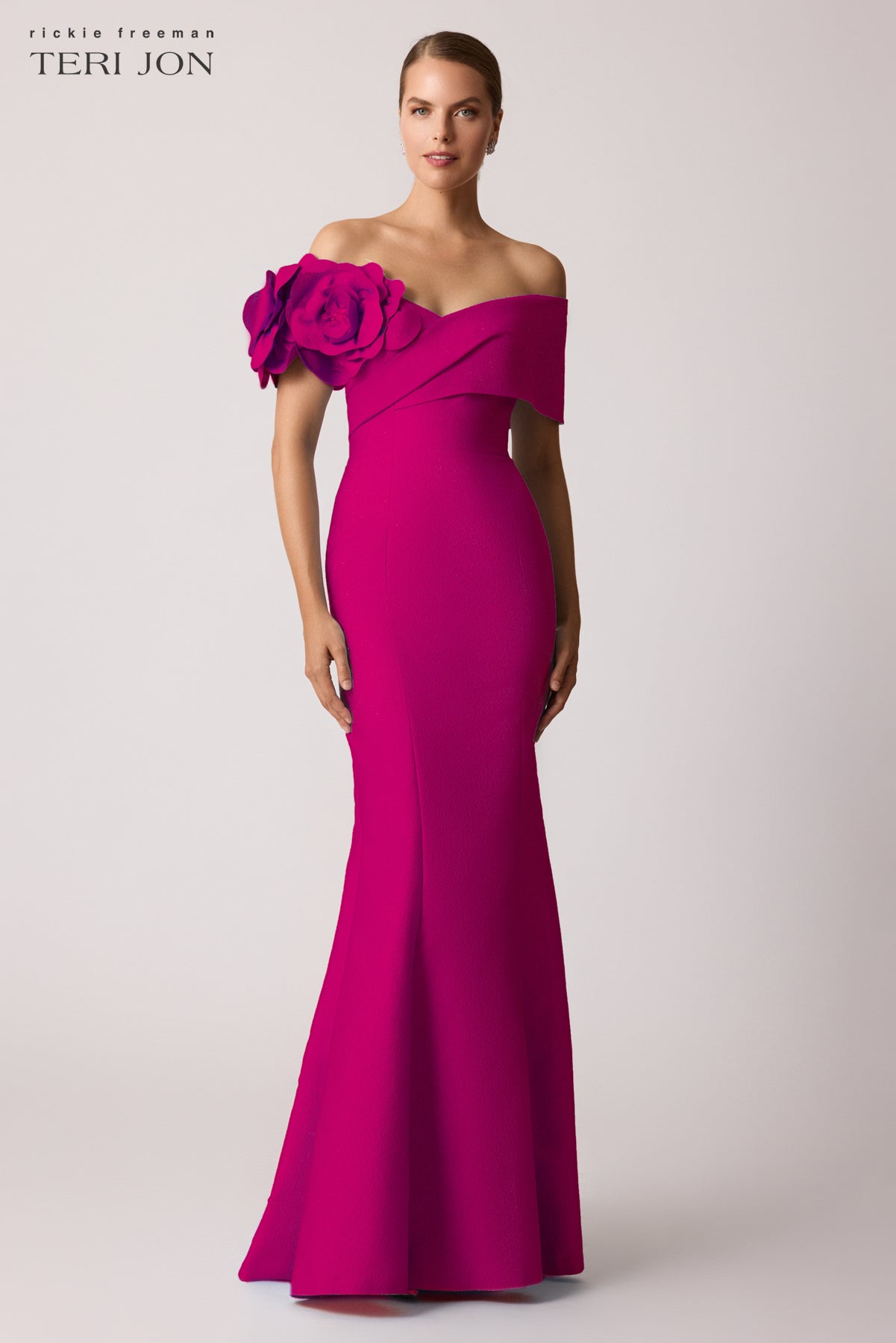 Pebble Jacquard 3D Flower Off The Shoulder Gown – Terijon.com
