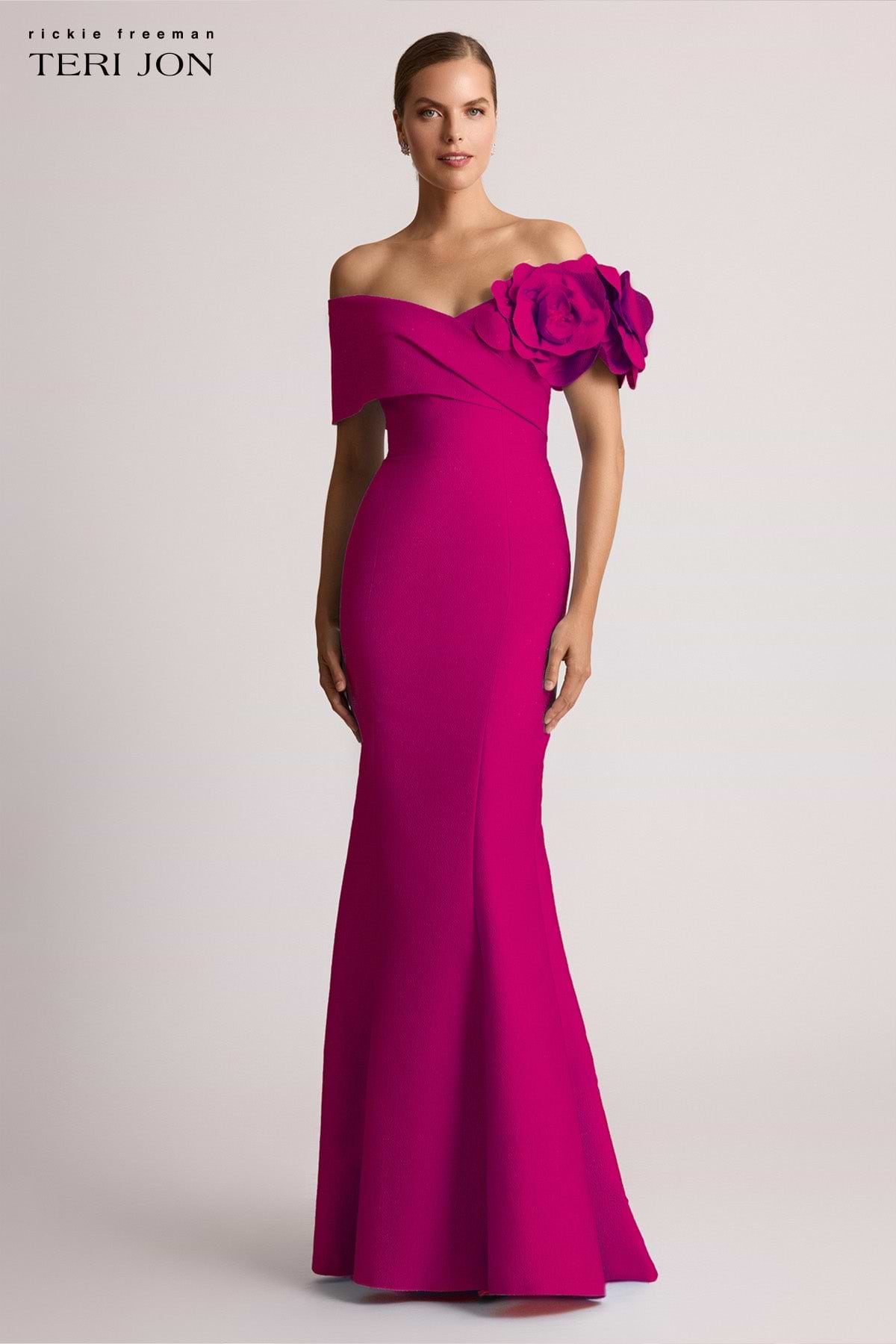 Teri Jon Pebble Jacquard 3D Flower Off The Shoulder Gown Size 14