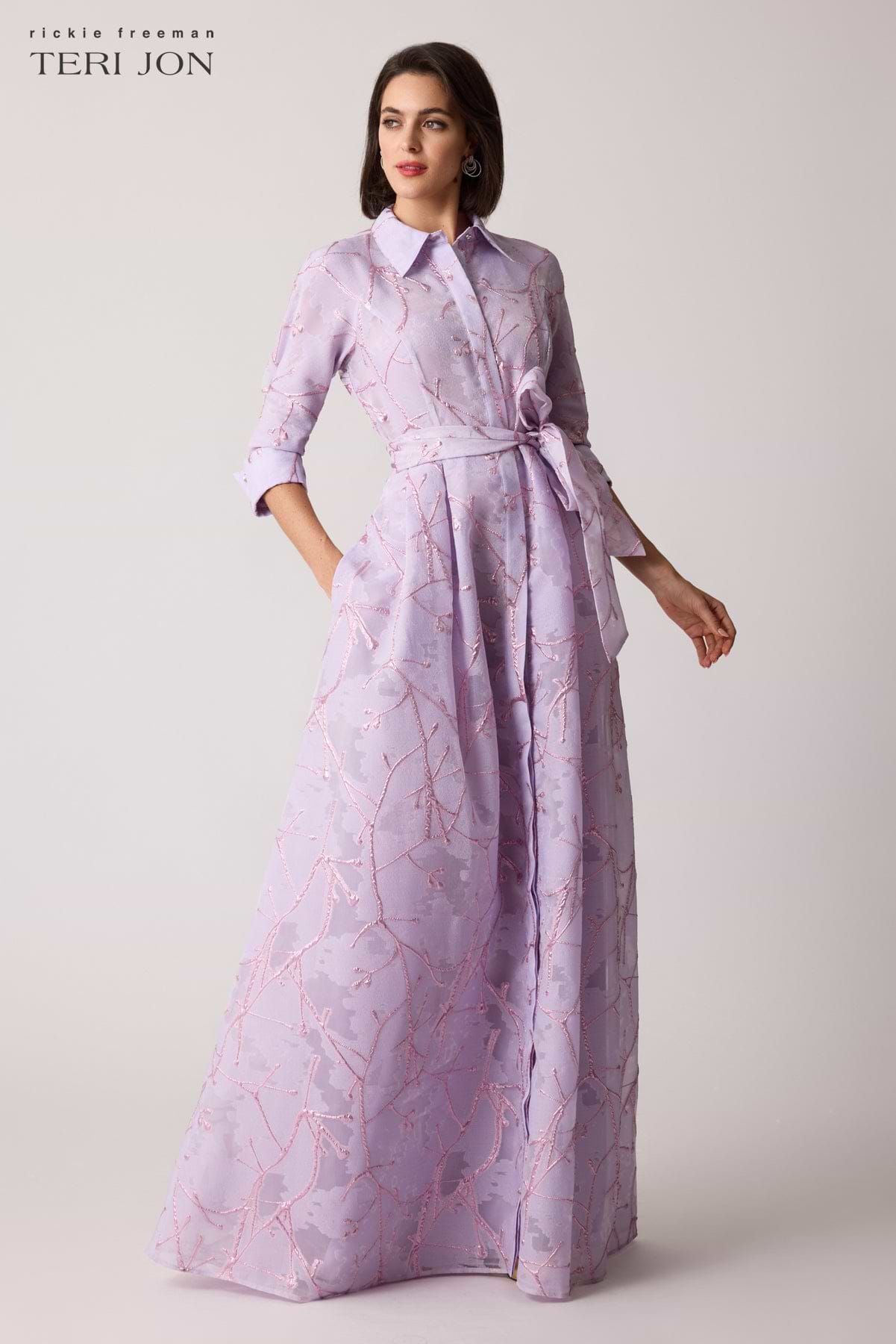 maxi shirtwaist dress Metallic Organza Shirtwaist Gown with Branch Motif – Terijon.com