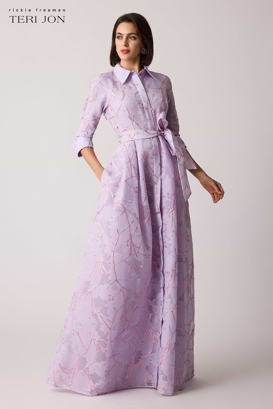 maxi shirtwaist dress Metallic Organza Shirtwaist Gown with Branch Motif – Terijon.com