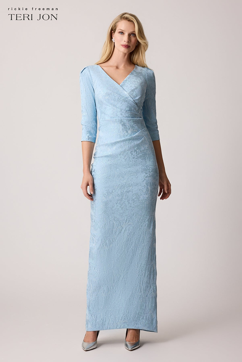 Stretch Jacquard 3/4 Sleeve V Neck Ruched Gown – Terijon.com