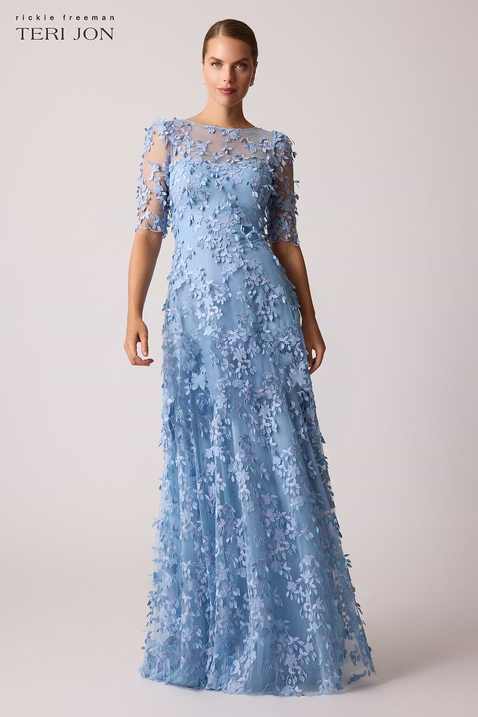 Teri Jon Tulle 3D Petal Elbow Sleeve Gown Size 6