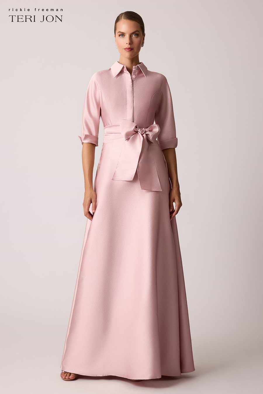 teri jon pink dress Jacquard Side Ruffle One Shoulder Gown