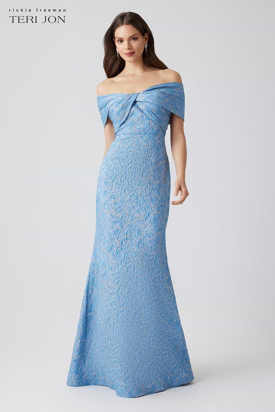 Rickie Freeman For Teri Jon Off-Shoulder Jacquard Gown - Grn/blk Rickie Freeman For Teri Jon Off-Shoulder Jacquard Gown - Grn/blk