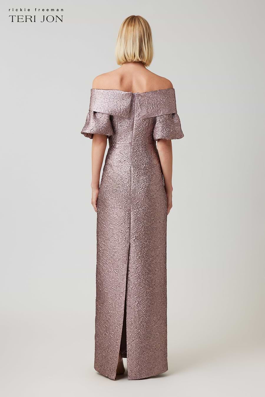 rickie freeman for teri jon puff-sleeve jacquard cocktail dress Rickie Freeman for Teri Jon Puff-Sleeve Jacquard Cocktail Dress