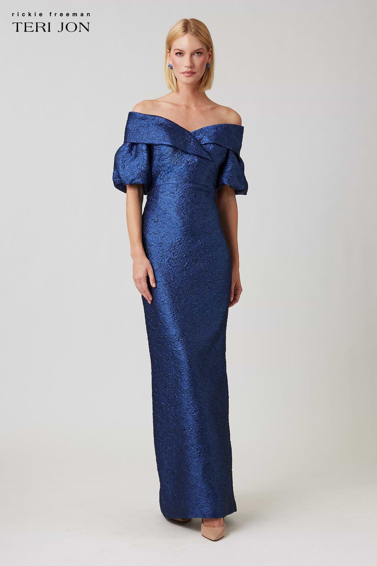 puff sleeve off the shoulder dress Teri Jon Metallic Jacquard Puff Sleeve Gown - Sapphire