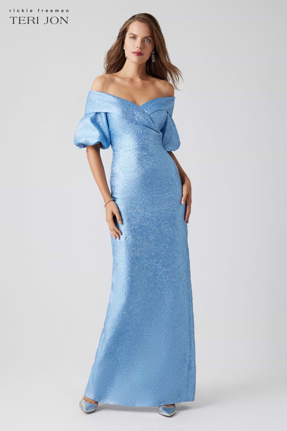metallic puff sleeve dress Metallic Jacquard Off Shoulder Puff Sleeve Gown – Terijon.com