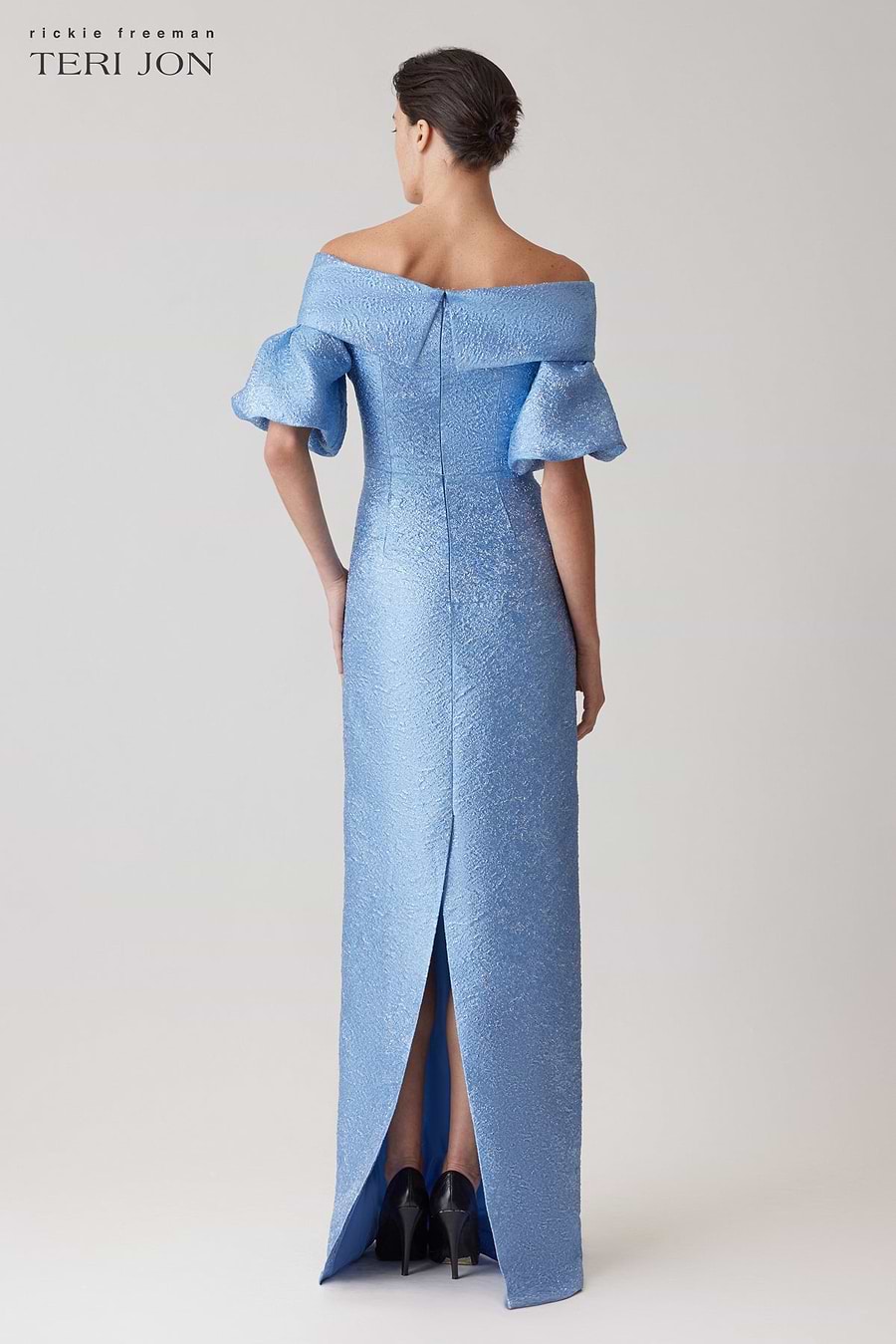 rickie freeman evening dresses Teri Jon Metallic Jacquard Off The Shoulder Pleated Gown Size 16