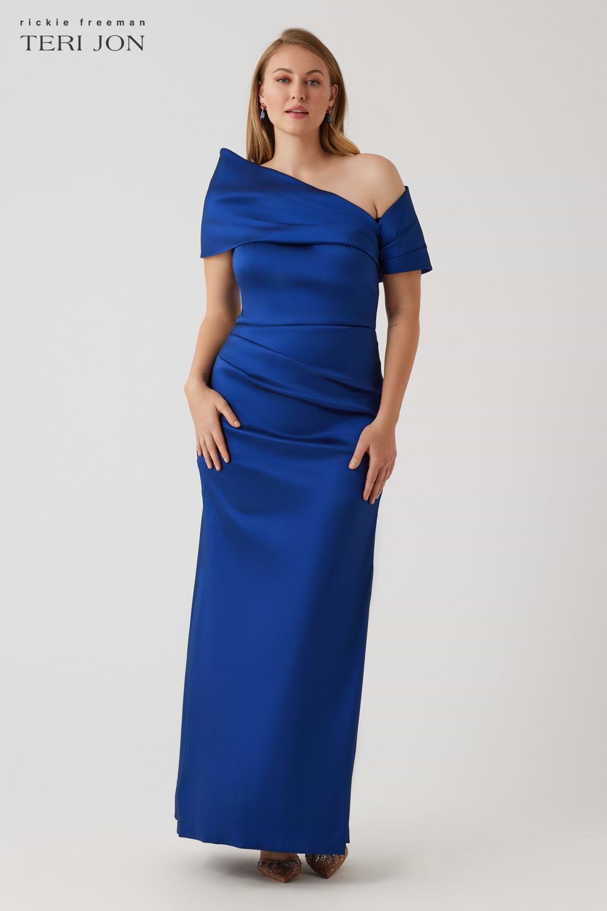 Stretch Mikado Asymmetrical Off Shoulder Cuff Gown Terijon.com Stretch Mikado Asymmetrical Off Shoulder Cuff Gown Terijon.com