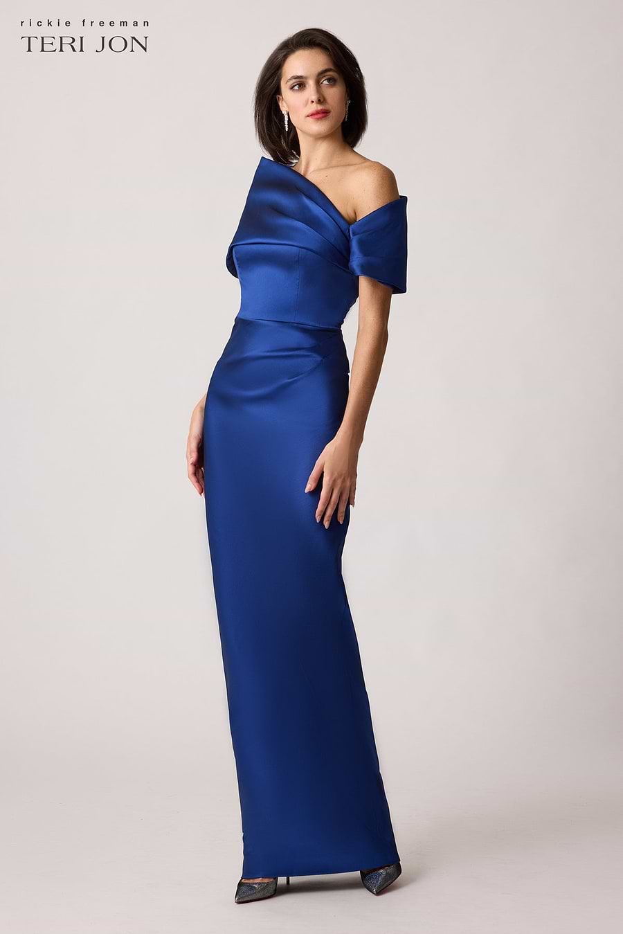 Stretch Mikado Asymmetrical Off Shoulder Cuff Gown Terijon.com Stretch Mikado Asymmetrical Off Shoulder Cuff Gown Terijon.com