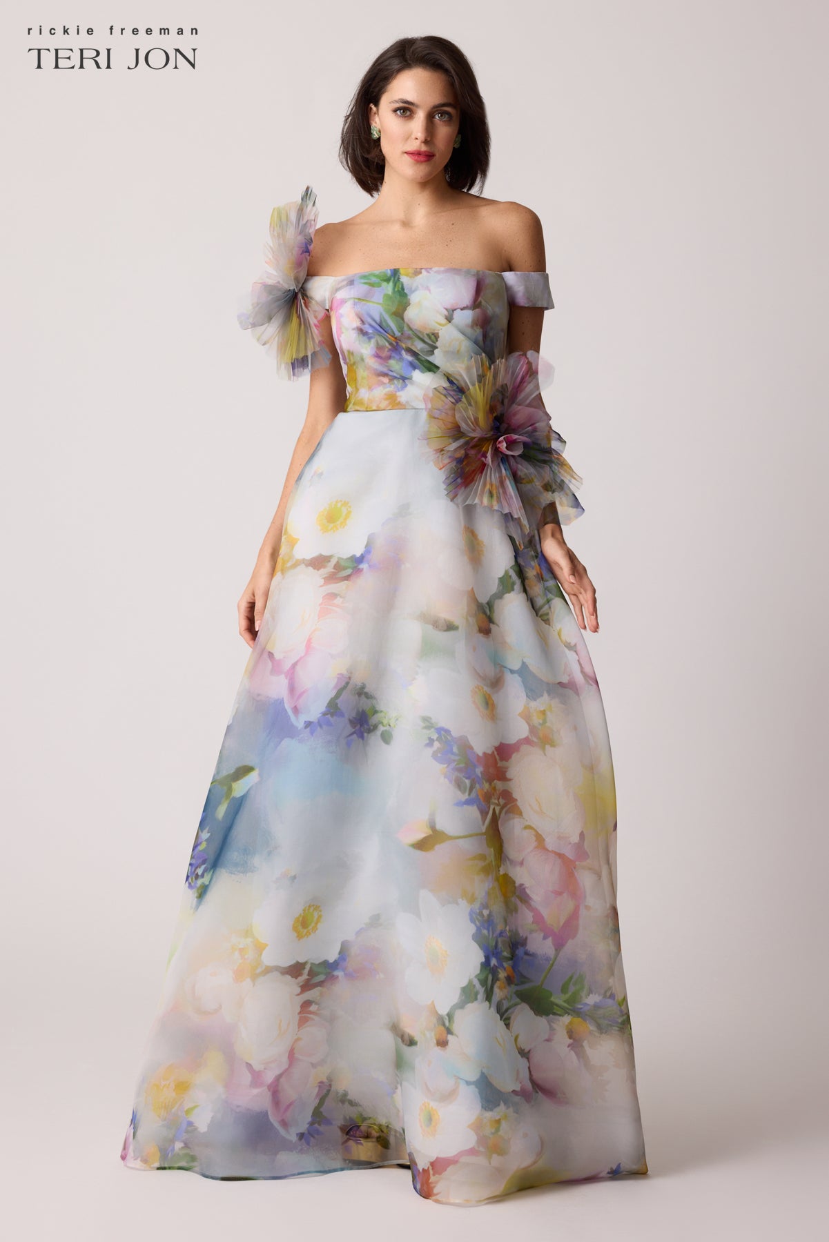 Organza Watercolor Off Shoulder 3D Flower Gown –