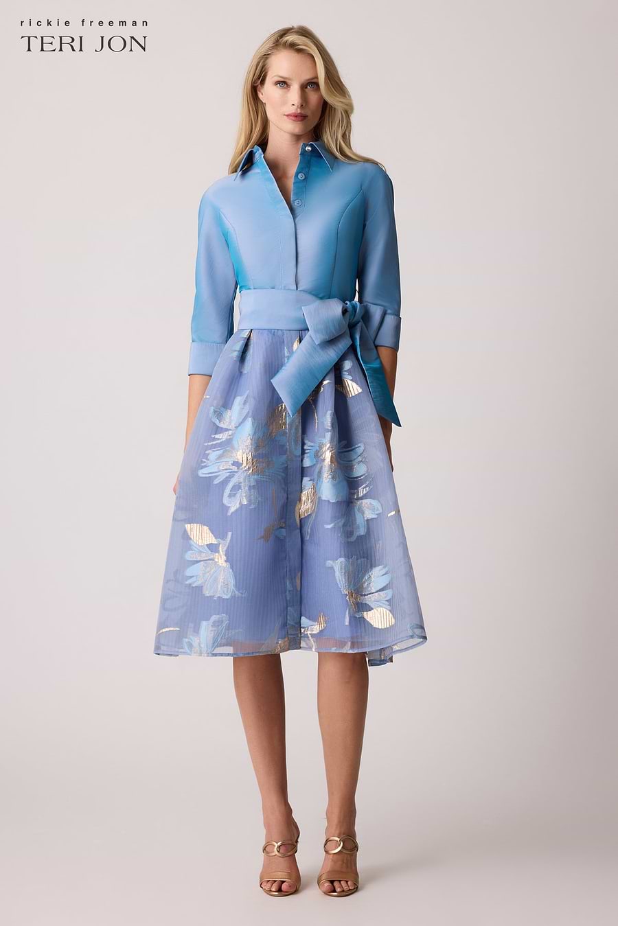 teri jon shirt dress Teri Jon Floral Belted Taffeta Shirtdress Size 6
