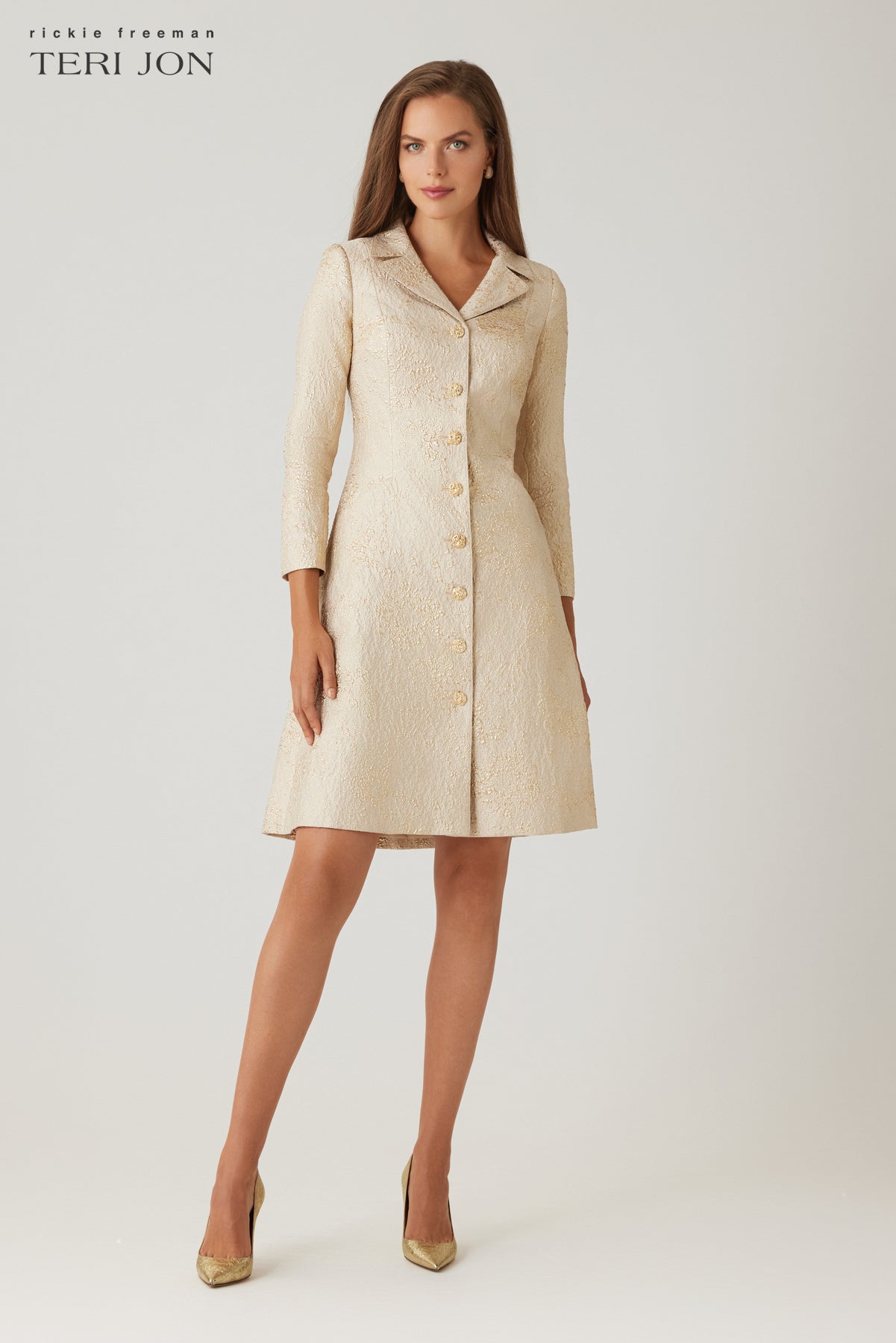 GOLD DOUBLE BUTTON DRESS COAT グレー Metallic Jacquard Gold Button Coat Dress – Terijon.com