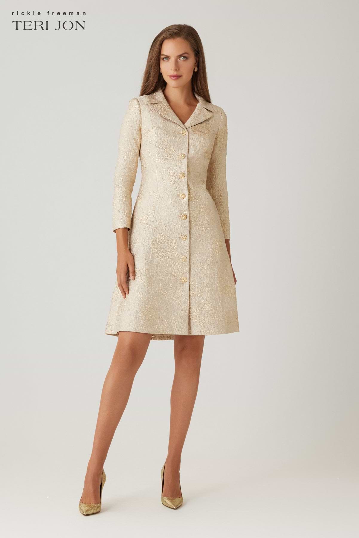 Metallic Jacquard Gold Trim Button Coat Dress