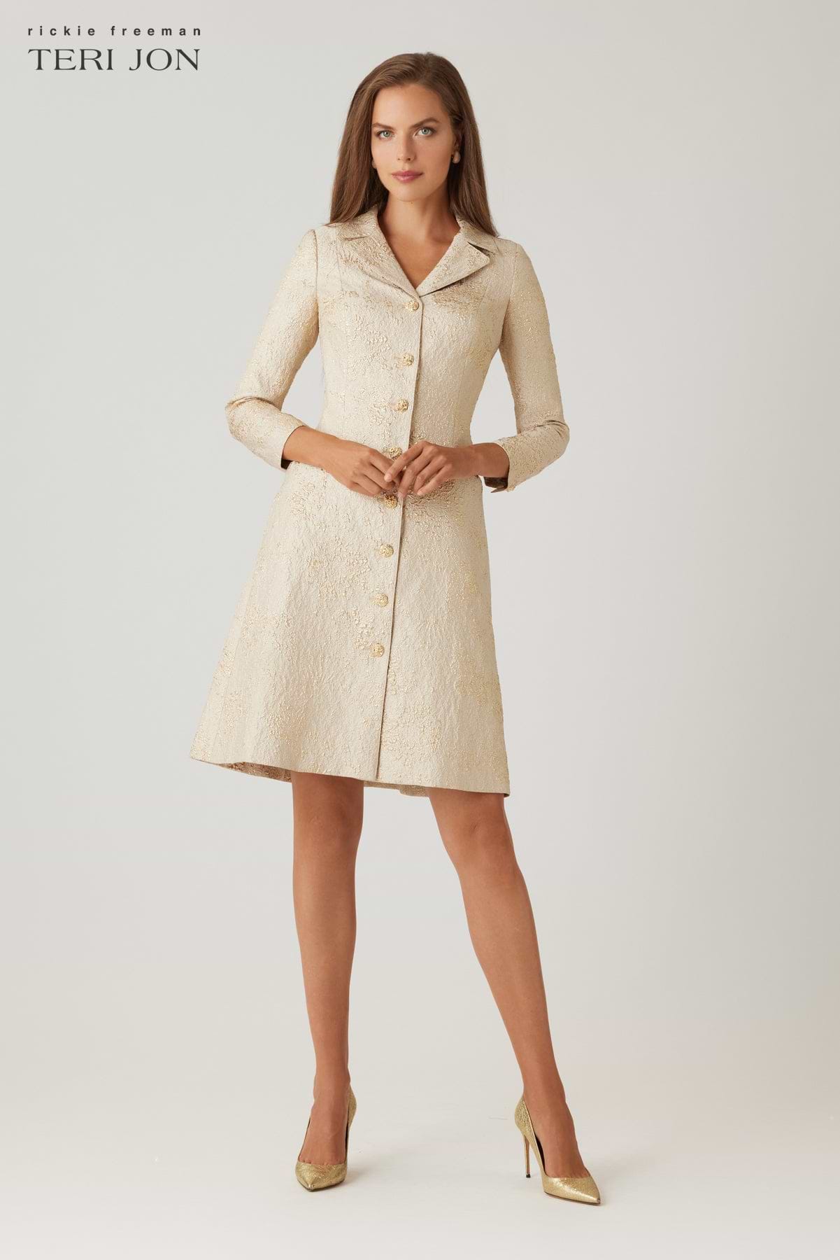 Metallic Jacquard Gold Trim Button Coat Dress – Terijon.com
