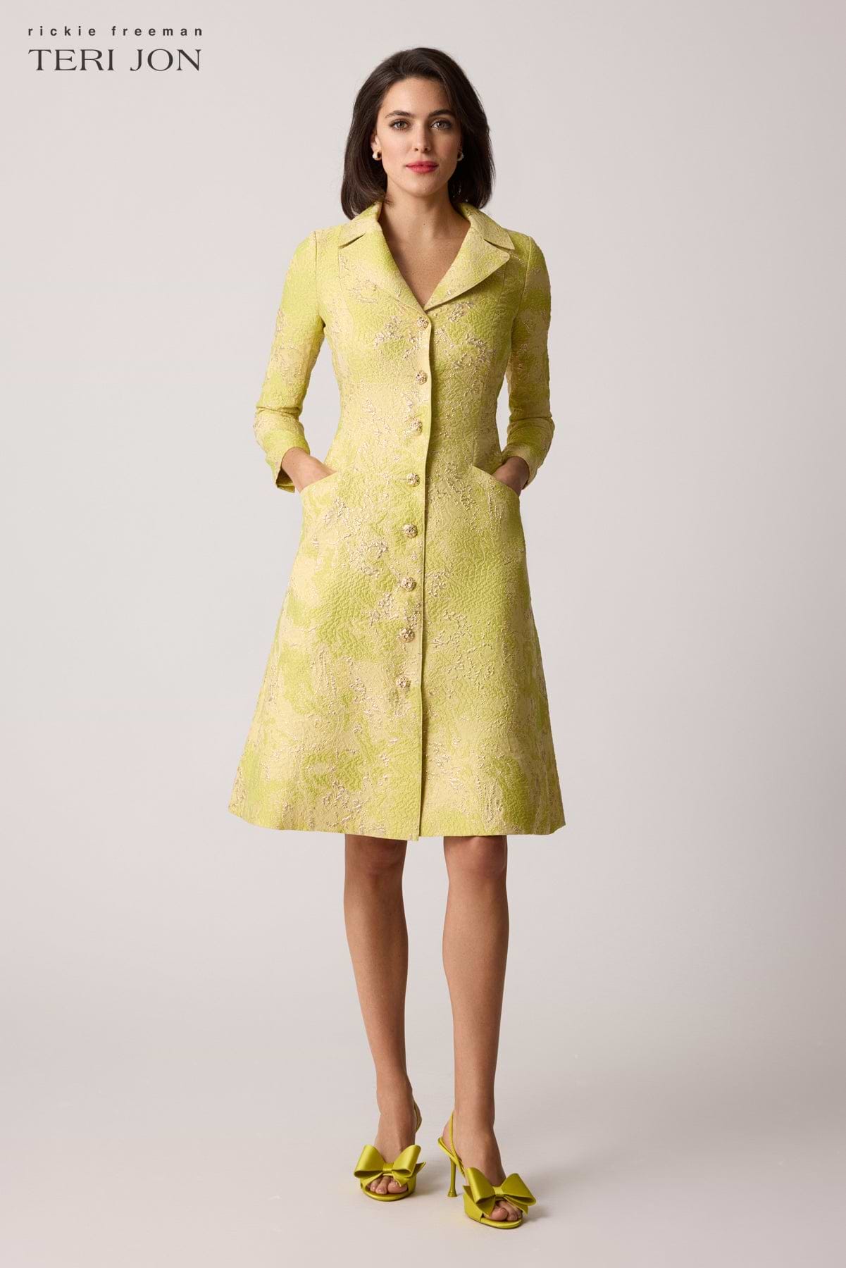 Metallic Jacquard Gold Trim Button Coat Dress Terijon.com Metallic Jacquard Gold Trim Button Coat Dress Terijon.com