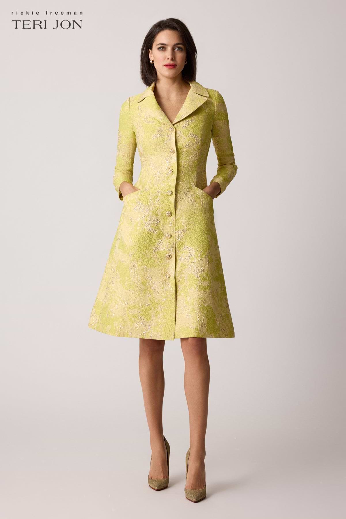 Metallic Jacquard Gold Trim Button Coat Dress Terijon.com Metallic Jacquard Gold Trim Button Coat Dress Terijon.com