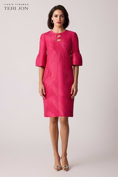 Metallic Jacquard Bell-Sleeve Dress – Terijon.com Metallic Jacquard Bell-Sleeve Dress – Terijon.com