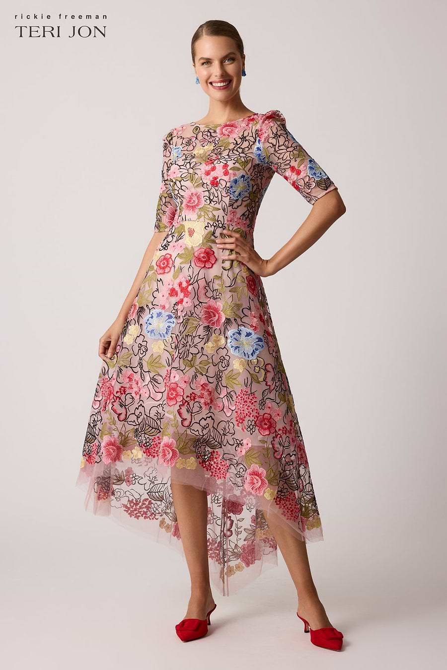 Teri Jon Embroidered Floral High Low Fit N Flare Dress Size 6 Teri Jon Embroidered Floral High Low Fit N Flare Dress Size 6