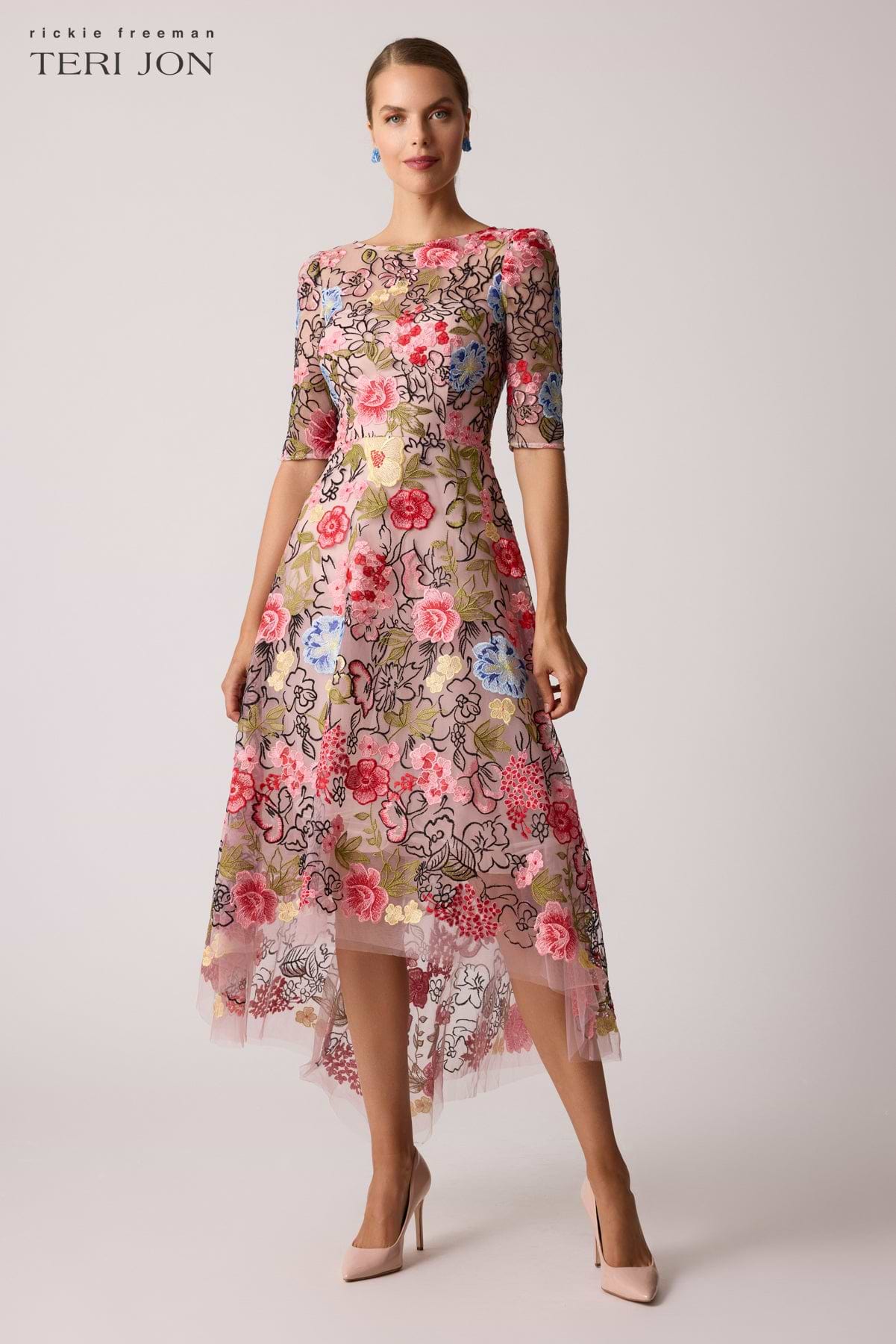 fit and flare dress with sleeves Teri Jon Embroidered Floral High Low Fit N Flare Dress Size 6
