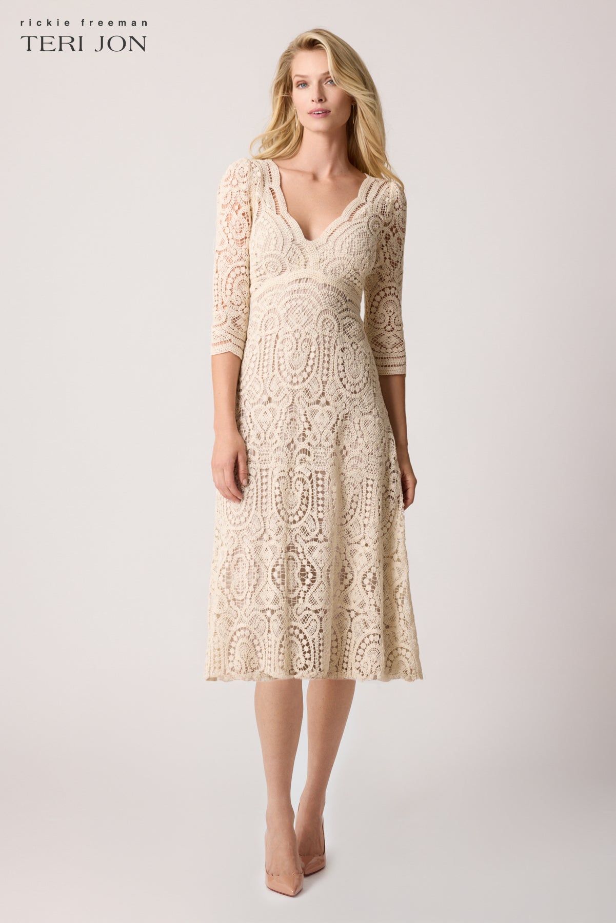 Crochet V Neck 3/4 Sleeve Midi Dress