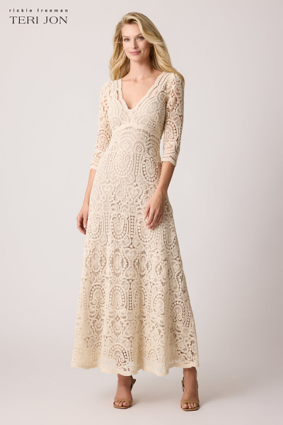 お歳暮 時期 3/4 Neck V Crochet Sleeve Terijon.com – Dress Midi ワンピース