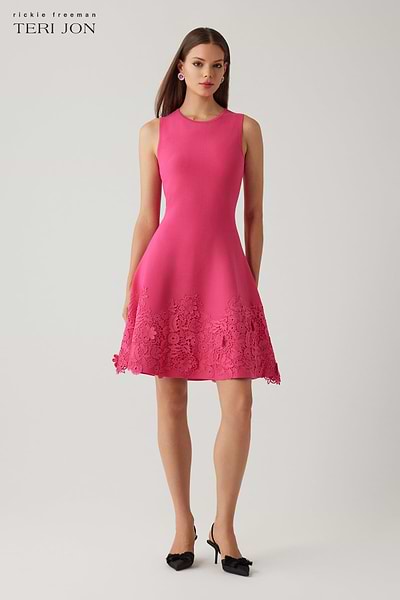 Rickie Freeman For Teri Jon Knit Fit-and-flare Lace Trim Dress - Hot Pink Rickie Freeman For Teri Jon Knit Fit-and-flare Lace Trim Dress - Hot Pink